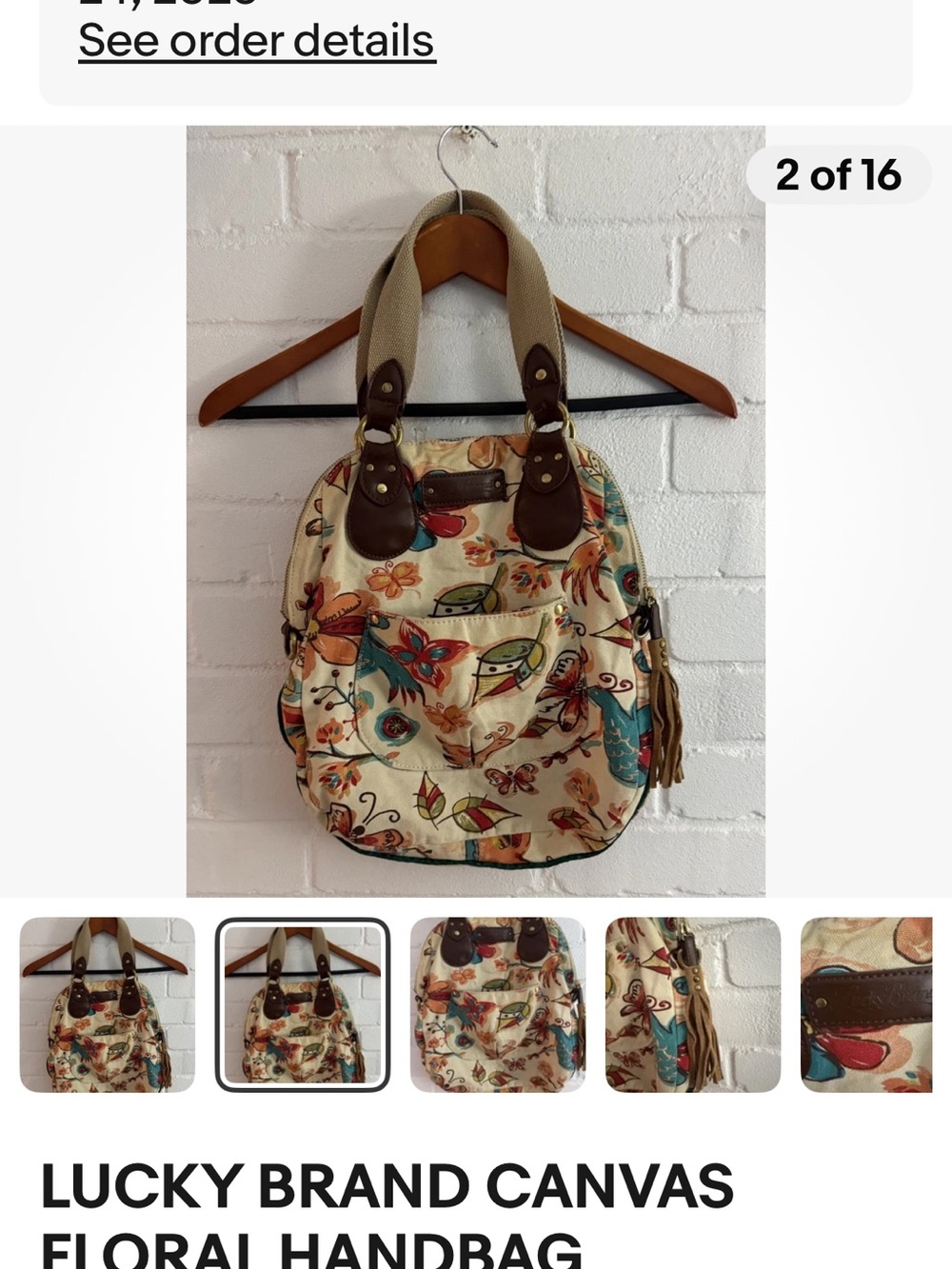 Lucky Brand Cream Canvas Floral Shoulder Bag with Brown Trim
